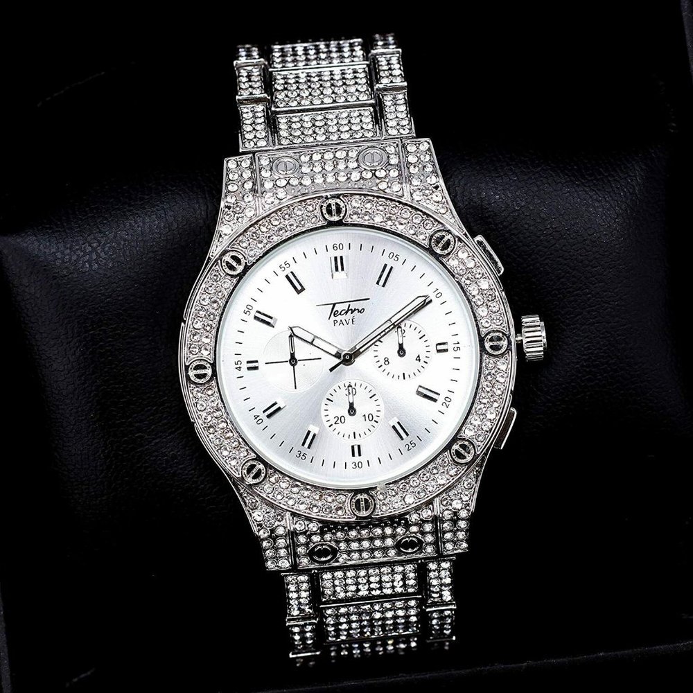 Iced Hip Hop Silver Tone Metal Bling icy Watch